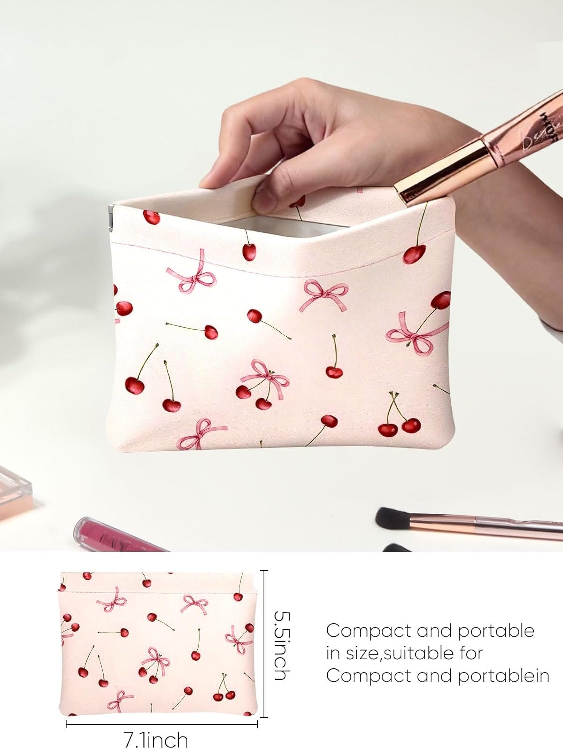 Private Label Red Cherry Bow Pink Leather Small Makeup Pouch Set for Women Custom Logo Waterproof Cherries Cosmetic Bags Pouches for Purse Aesthetic Travel Toiletry Bag Manufacturer