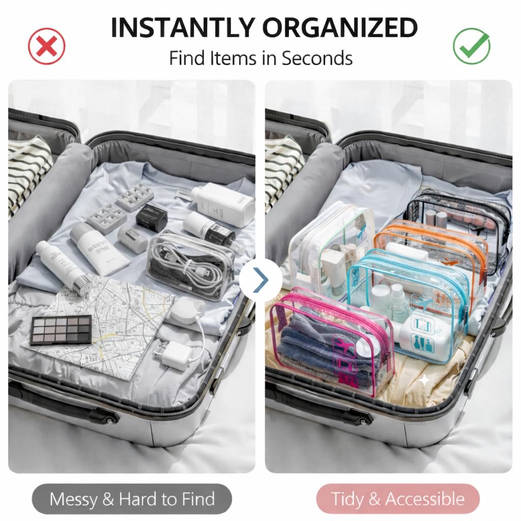 Factory Direct TSA Approved Toiletry Bag 5 Pack Medium Clear Makeup Cosmetic Carry On Bags Travel Quart Size Airport Airline Compliant for Women Men Custom Logo Private Label 5 Colors