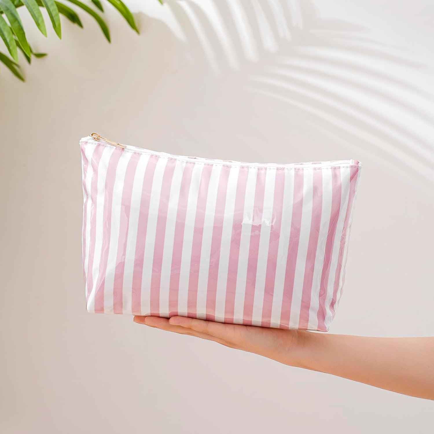 Private Label Large PVC Waterproof Striped Makeup Bag Custom Logo Clear Coated Cosmetic Organizer Easy Clean Zipper Pouch Beach Vacation Essentials Manufacturer Pink Stripe for Women Girls
