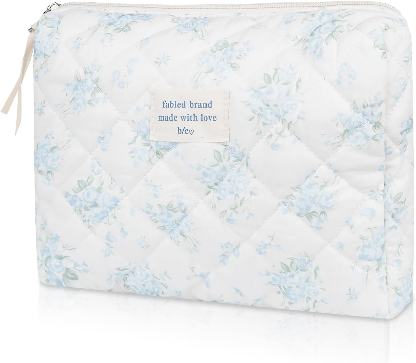 Private Label Large Floral Makeup Bag, Custom Logo Quilted Cotton Cosmetic Pouch for Women Girls, Flower Travel Toiletry Organizer Manufacturer Blue Rose