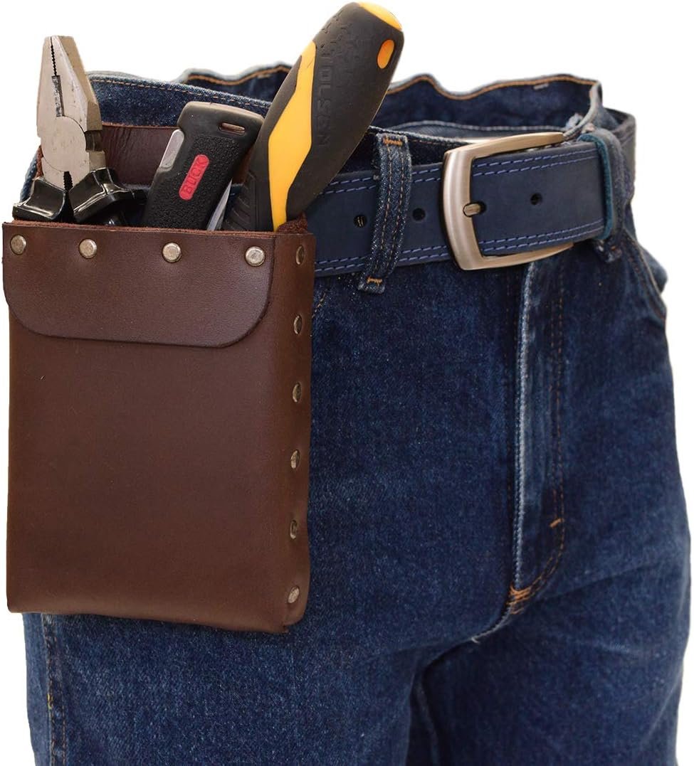 Private Label Riveted Squared Tool Pouch for Waist Belt Heavy Duty Full Grain Leather Case with Custom Logo Rustic Handmade Tool Organizer Bourbon Brown Manufacturer