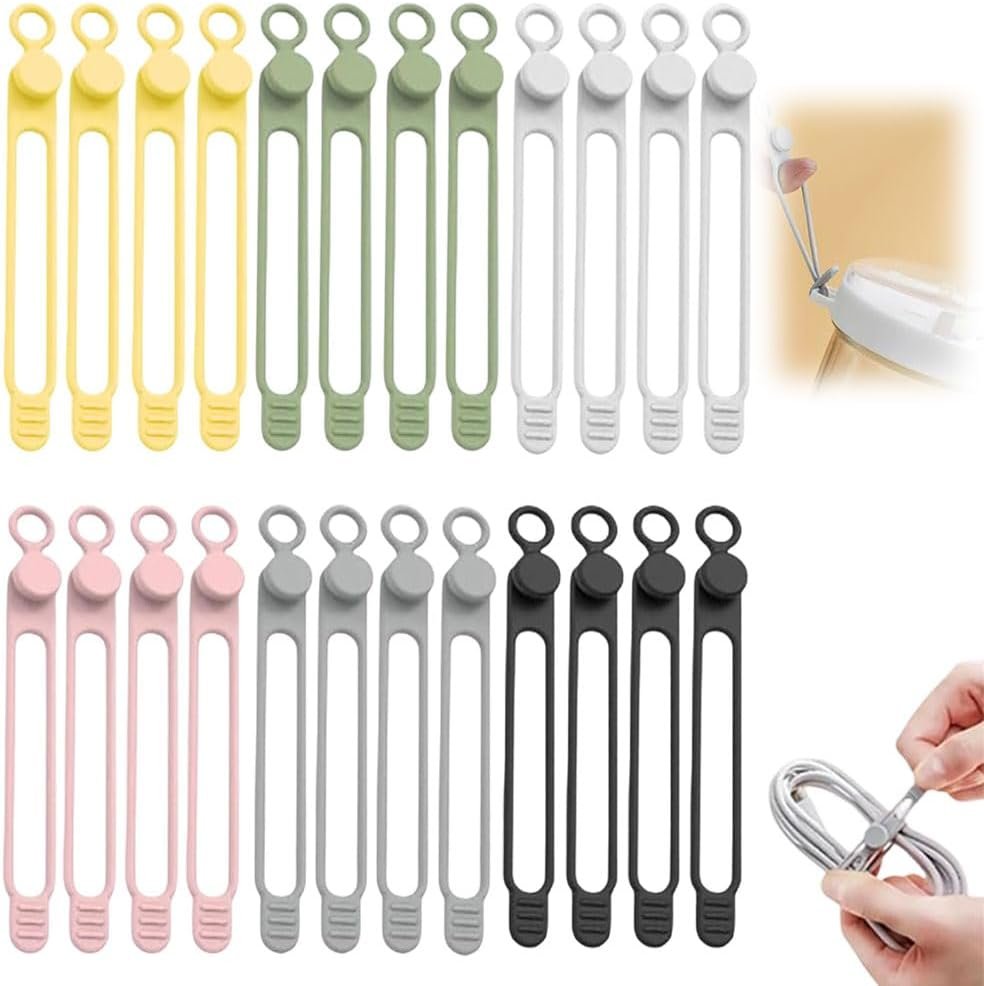 Private Label 24 Pcs Silicone Cable Ties Custom Logo Reusable Data Cable Organizers Manufacturer Multipurpose Elastic Cord Wraps Wire Organizers for Home Office School Travel Cable Management