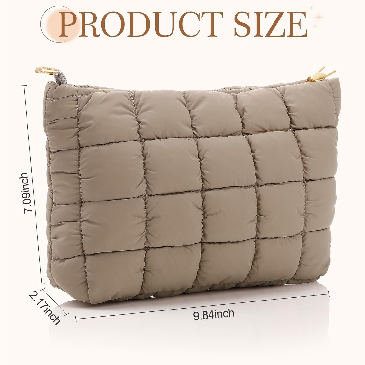 Private Label Light Tan Puffy Quilted Makeup Cosmetic Bag Cute Checkered Puffer Toiletry Pouch with Custom Logo Aesthetic Travel Makeup Brushes Organizer for Women Manufacturer Classic