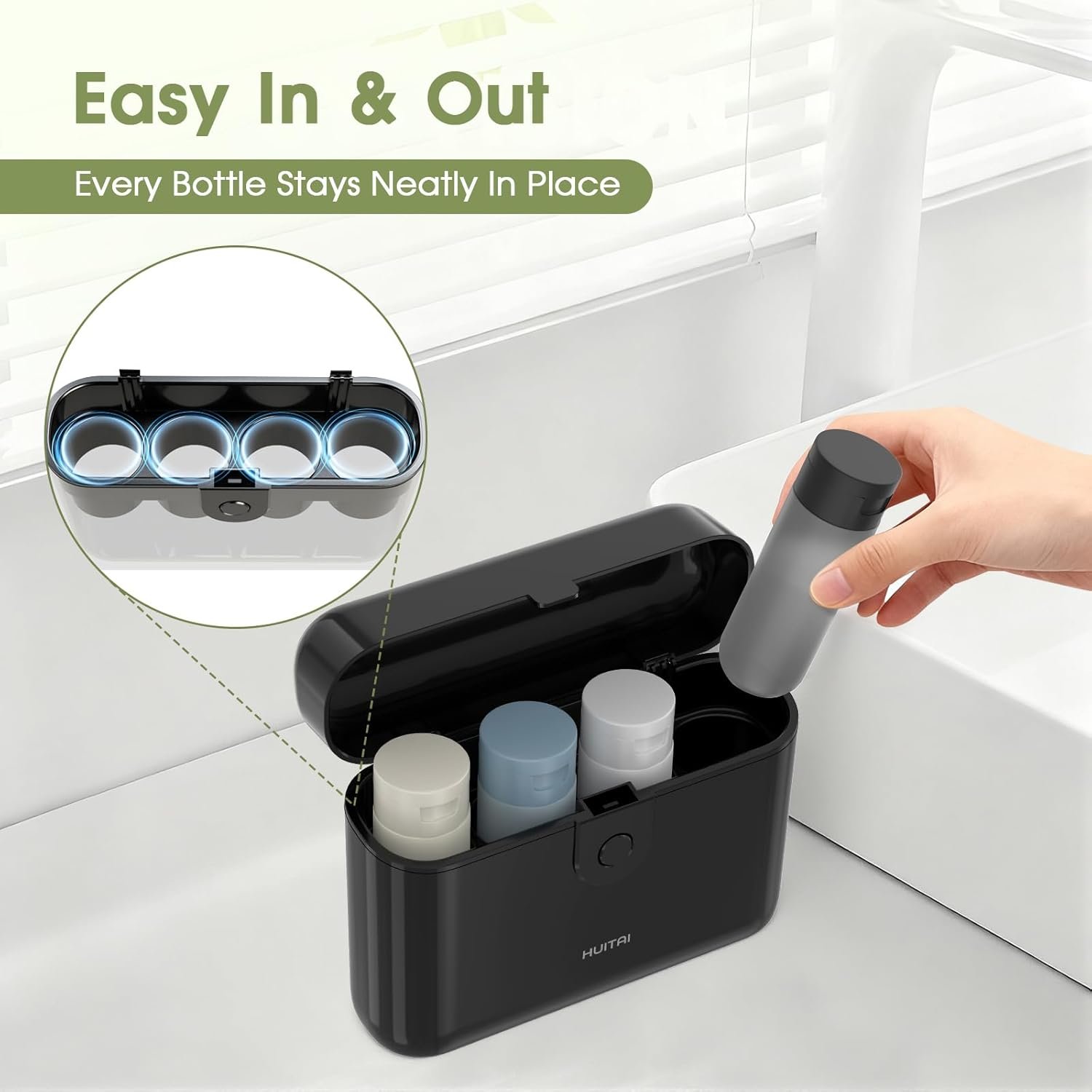 Private Label Travel Bottles with Case 4x2oz TSA Approved Leak-Proof Press to Unlock Custom Logo Compact Portable Toiletries Supplier (Black)