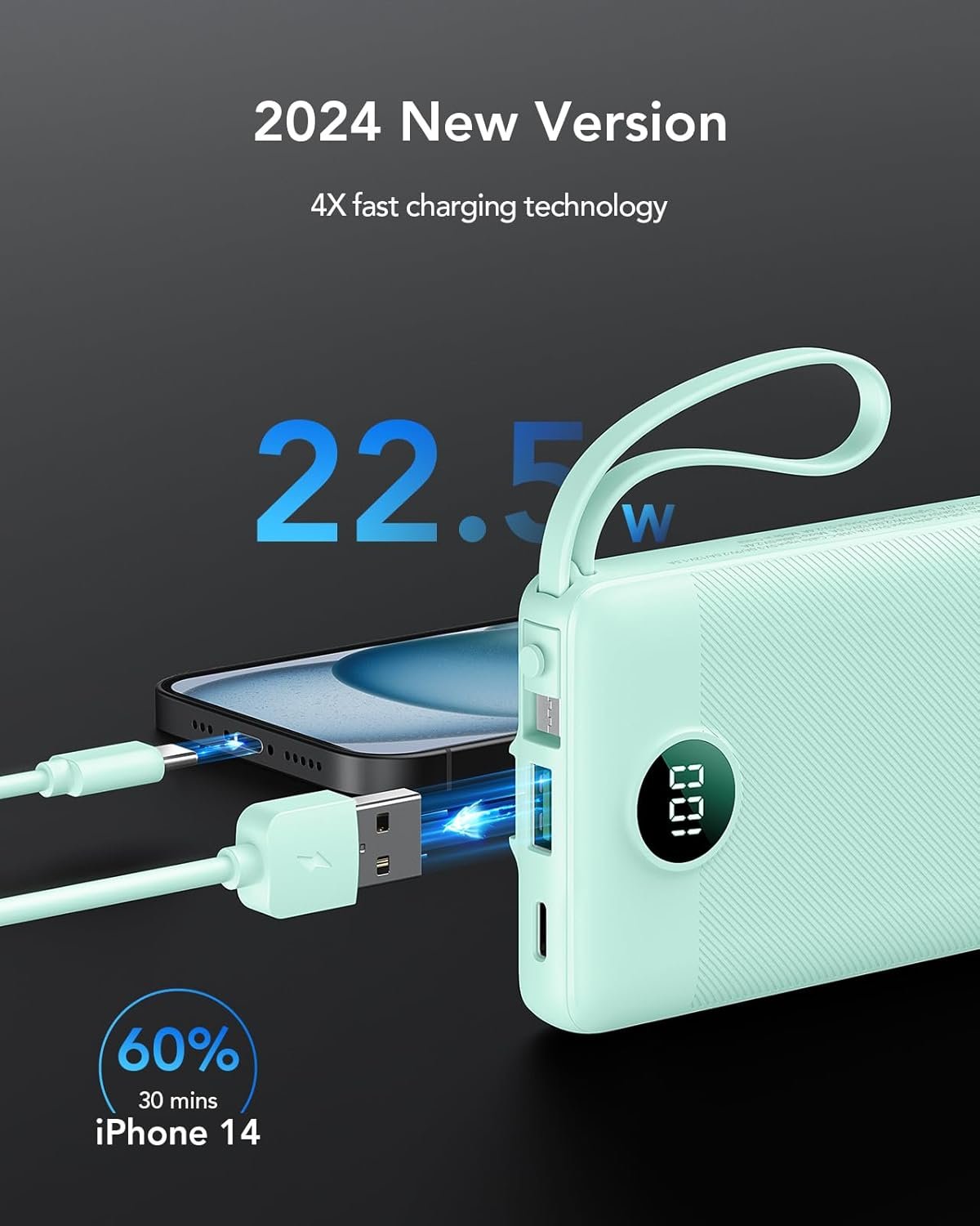 Custom Logo Portable Charger with Built-in Cables 22.5W Fast Charging USB C Power Bank 10000mAh Private Label Compact Battery Pack for iPhone 17/16/15/14/13 Samsung Galaxy Green Factory 1 Pack