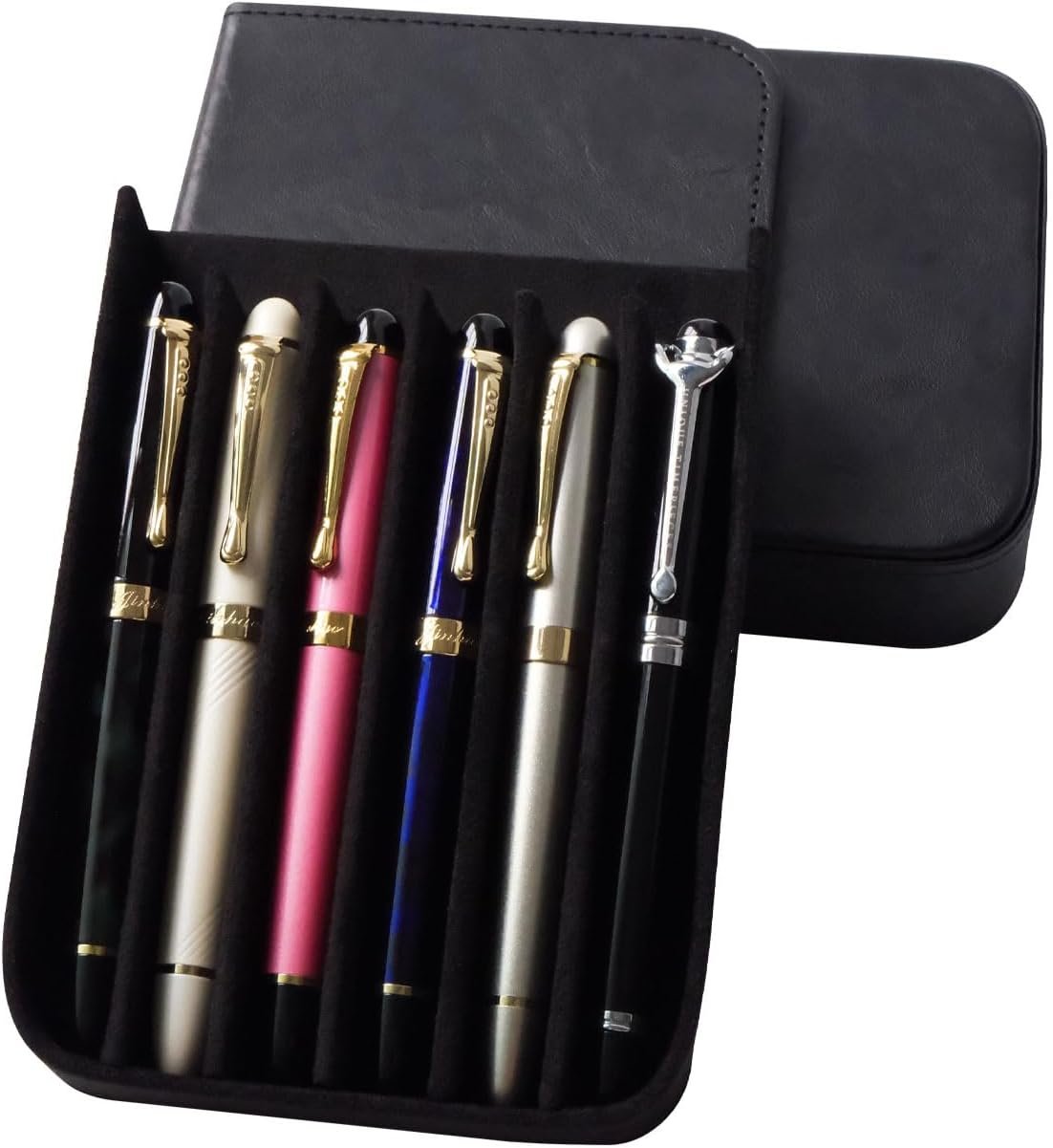 Private Label Handmade Leather 6 Fountain Pen Pencil Tray Case Magnetic Closure Drawer Design Manufacturer Custom Logo Office Gift 6 Slots Black