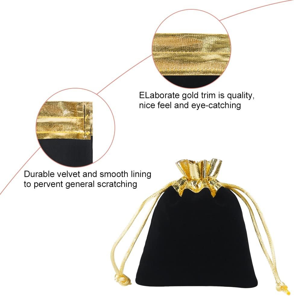 Factory Custom Logo 3x4 Inch Black Gold Velvet Drawstring Pouches 20pcs Private Label for Jewelry Small Gifts