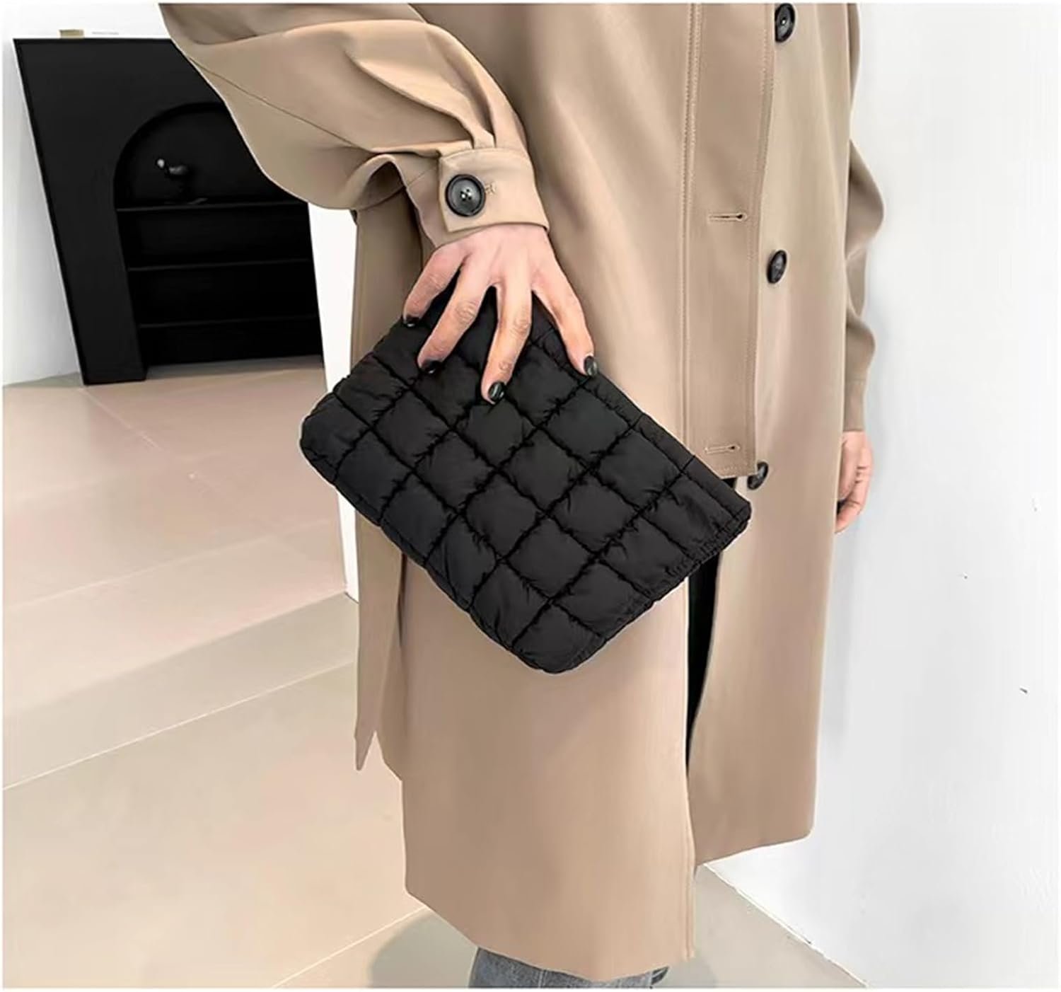 Private Label Soft Checkered Quilted Puffy Makeup Bag for Women Custom Logo Aesthetic Puffer Cosmetic Bag Pouch for Purse Manufacturer (Black)