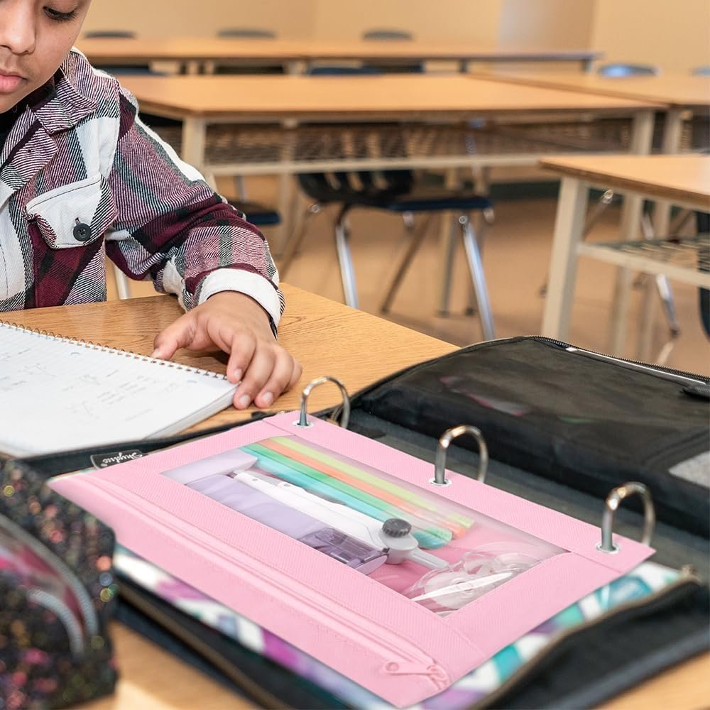Custom Logo Pencil Pouch for 3 Ring Binder Zipper with Clear Window Private Label Pink & Purple Supplier
