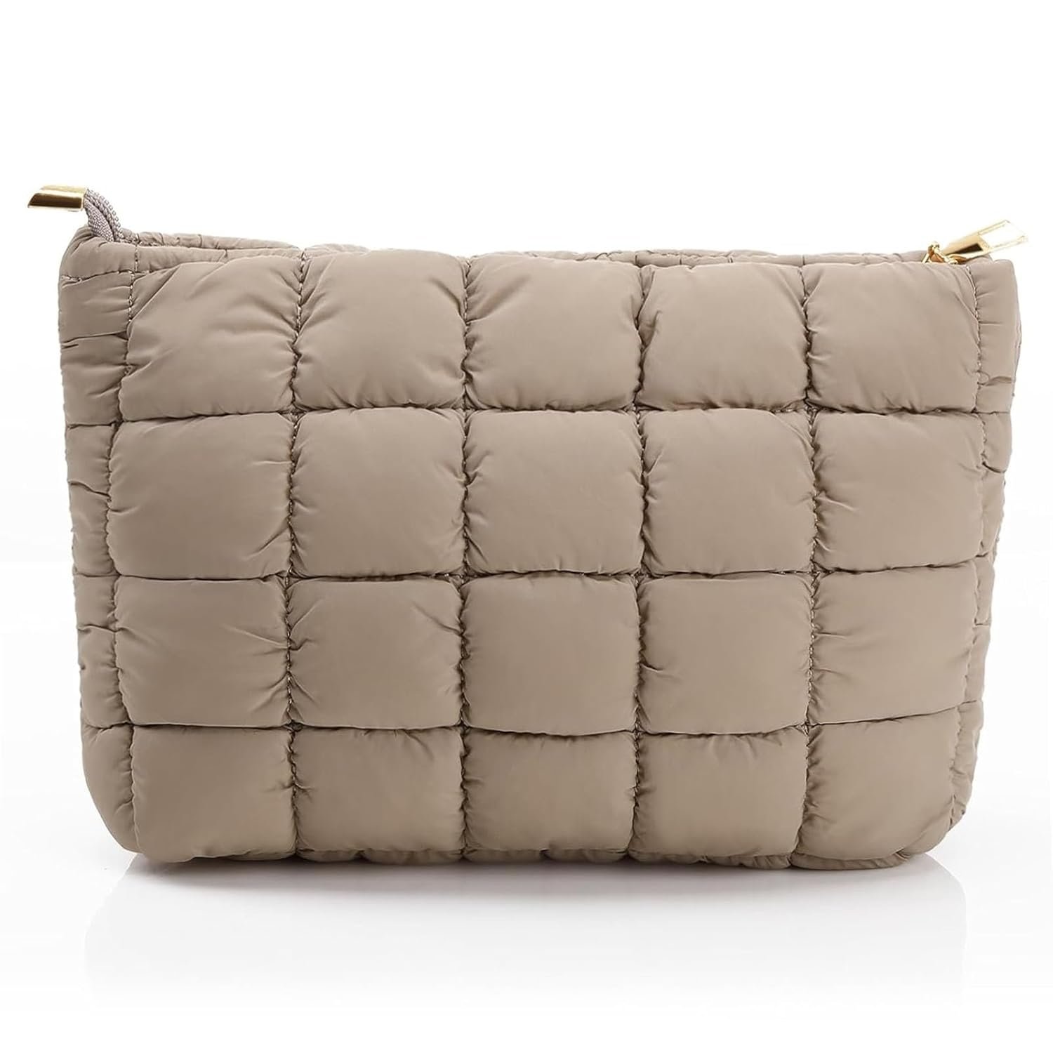 Private Label Light Tan Puffy Quilted Makeup Cosmetic Bag Cute Checkered Puffer Toiletry Pouch with Custom Logo Aesthetic Travel Makeup Brushes Organizer for Women Manufacturer Classic