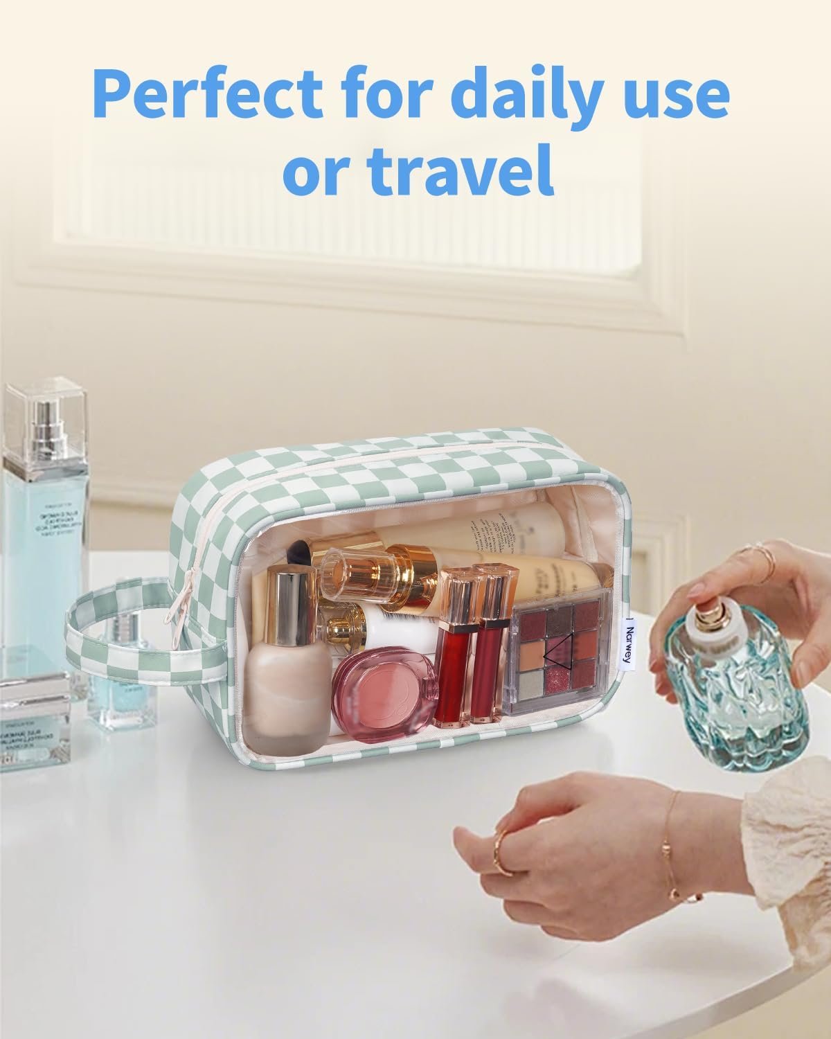 Private Label Clear Toiletry Travel Bags for Women Men Custom Logo Zipper Toiletries Makeup Cosmetic Skincare Organizer Supplier Mint Green Checkerboard