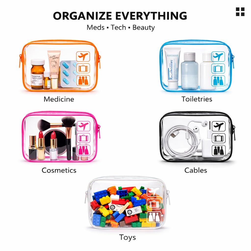 Factory Direct TSA Approved Toiletry Bag 5 Pack Medium Clear Makeup Cosmetic Carry On Bags Travel Quart Size Airport Airline Compliant for Women Men Custom Logo Private Label 5 Colors