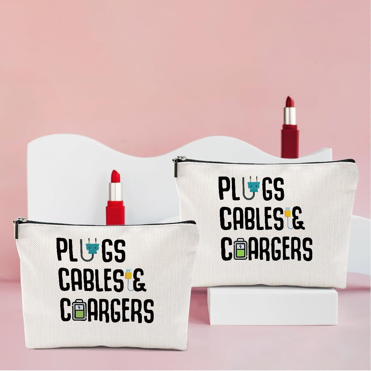 Custom Logo 2 PCs Cable Organizer Funny Makeup Charger Cosmetic Bag Private Label Travel Storage for Charging Cords Electronics Accessories Plugs Zipper Pouch Factory Gifts for Women Christmas Birthday