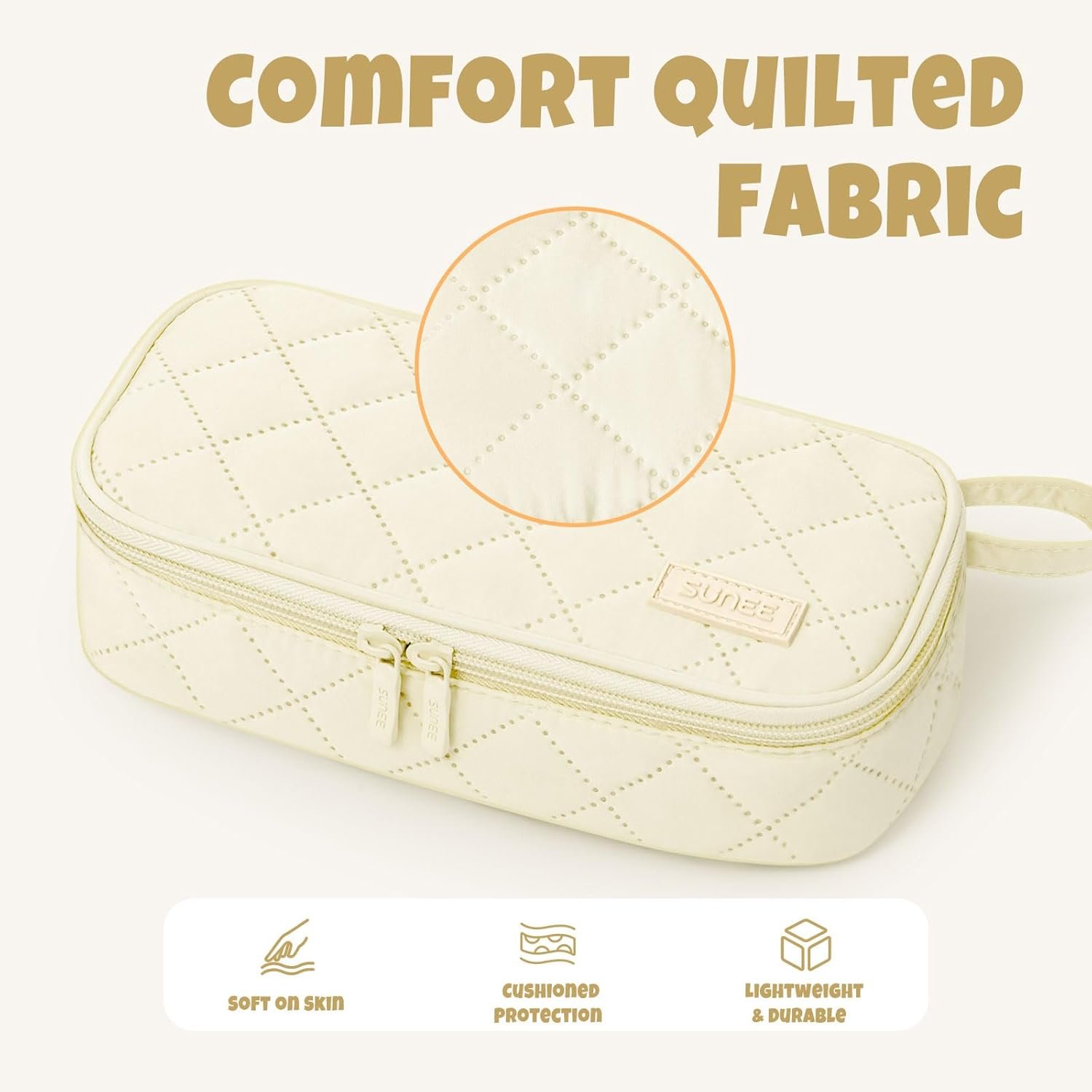 Custom Logo Cute Pencil Case Large Capacity Pencil Pouch Aesthetic Zipper Pencil Bag Private Label Big Storage Pen Organizer Soft Quilted Pencil Box Back to School Supplies for Teen Girls Boys Cream Manufacturer