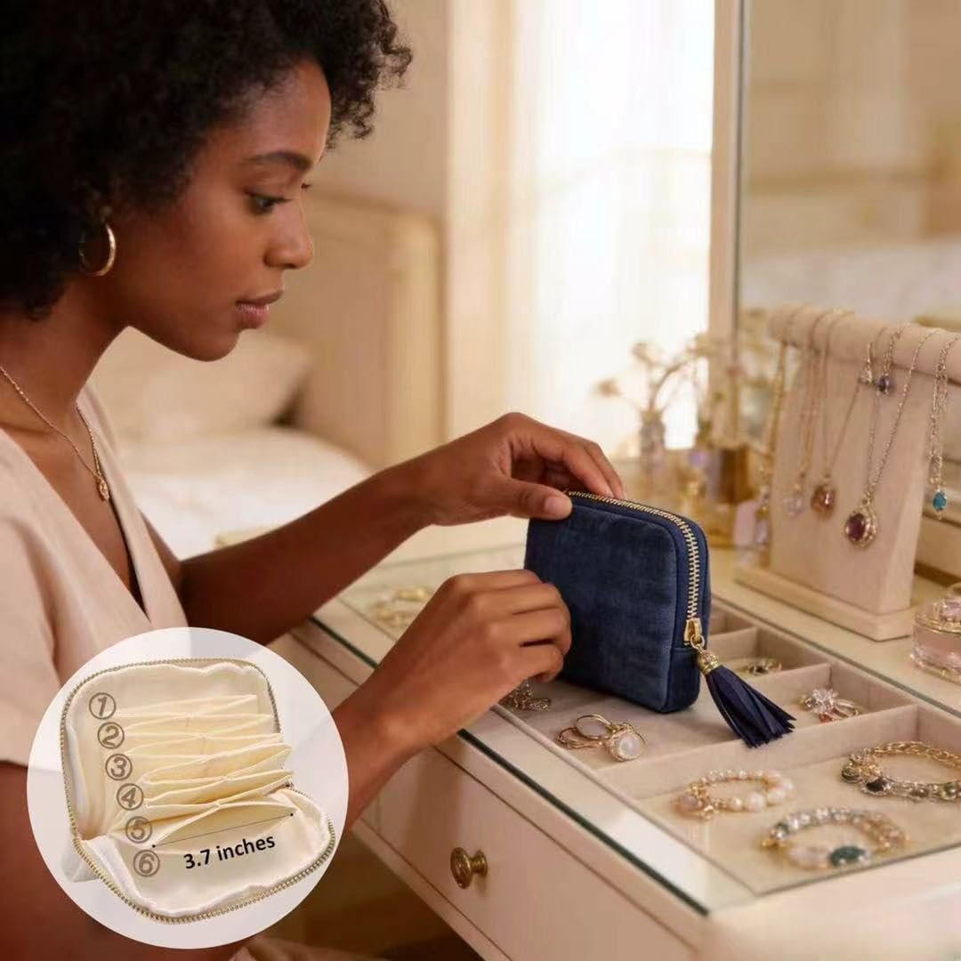 Custom Logo Small Travel Jewelry Case for Women - Manufacturer 5-Layer Velvet Zipper Organizer Pouch - Private Label Anti-Scratch Portable Bag for Bracelets Rings Earrings Necklaces (Ocean Blue)