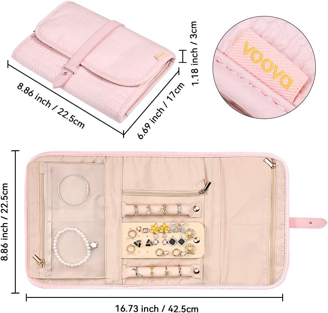 Private Label Travel Jewelry Organizer Case Manufacturer Large Foldable Storage Pouch Roll for Necklaces Rings Earrings Bracelets Custom Logo Light Pink
