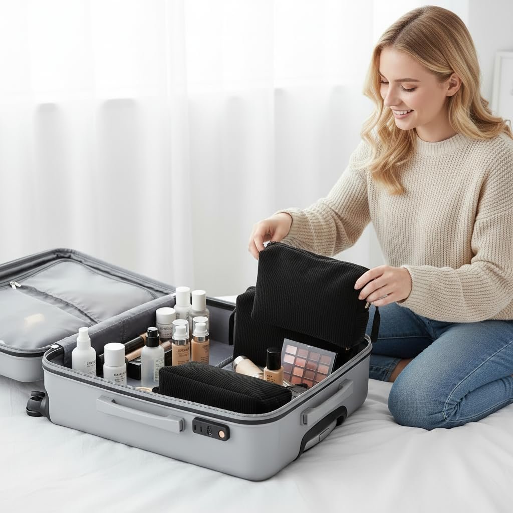 Private Label Small Corduroy Makeup Cosmetic Bag Set for Women Purse Organizer with Interior Pockets Custom Logo Cute Pencil Zipper Pouch Travel Toiletry Bag with Handle Black Manufacturer