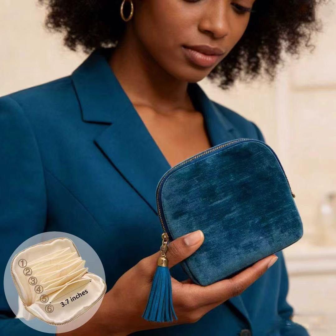 Custom Logo Small Travel Jewelry Case for Women 5-Layer Velvet Organizer Pouch with Zipper Private Label Anti-Scratch Portable Bag for Bracelets Rings Earrings Necklaces from Factory (Gem Blue)