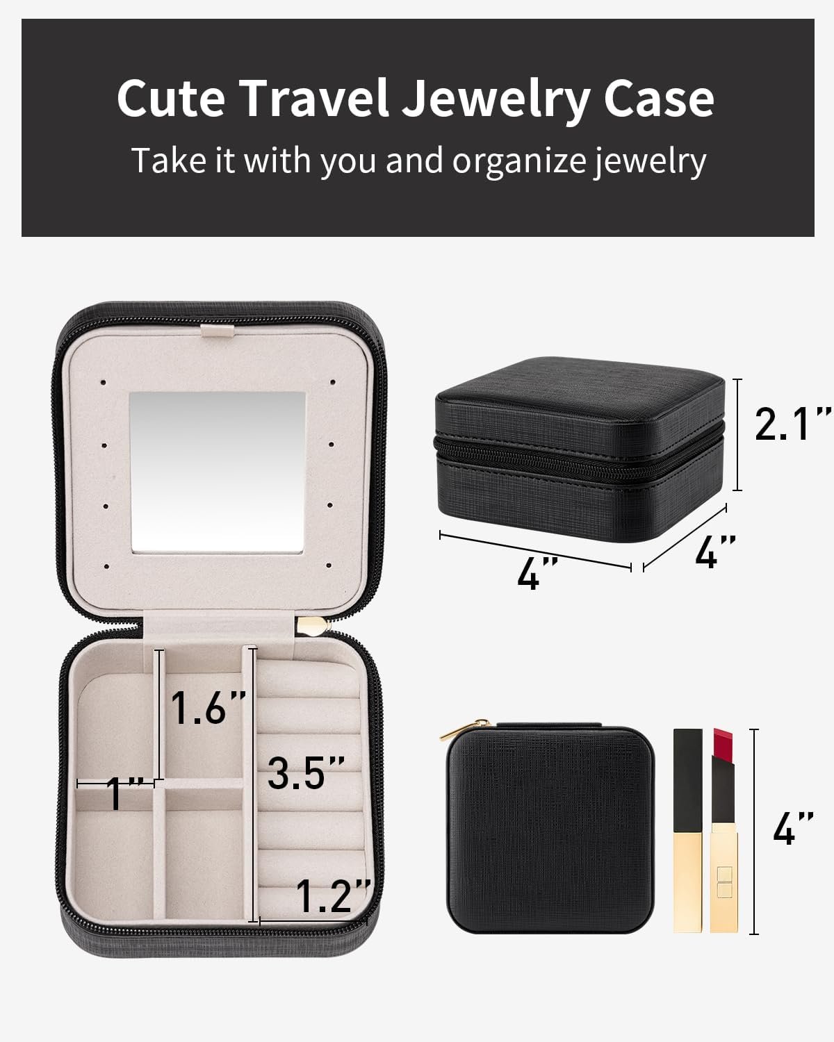 Private Label Small Travel Jewelry Case Custom Logo Organizer Box with Mirror for Women and Girls Black Manufacturer