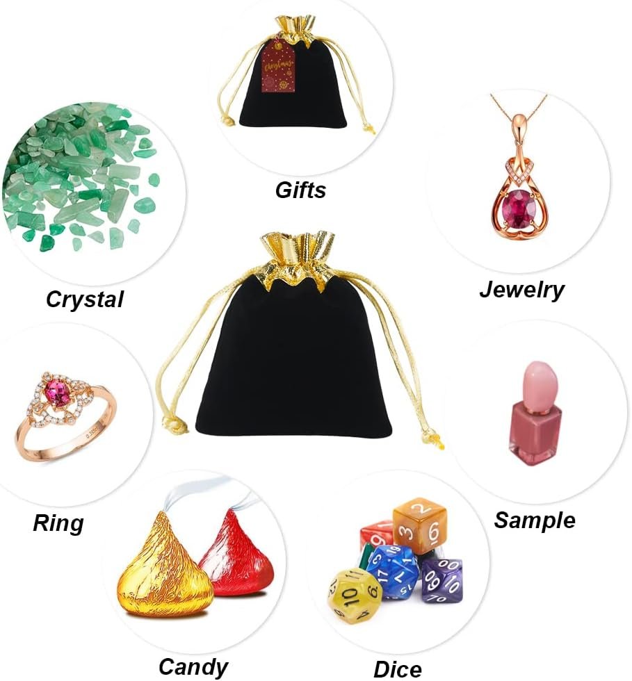 Factory Custom Logo 3x4 Inch Black Gold Velvet Drawstring Pouches 20pcs Private Label for Jewelry Small Gifts