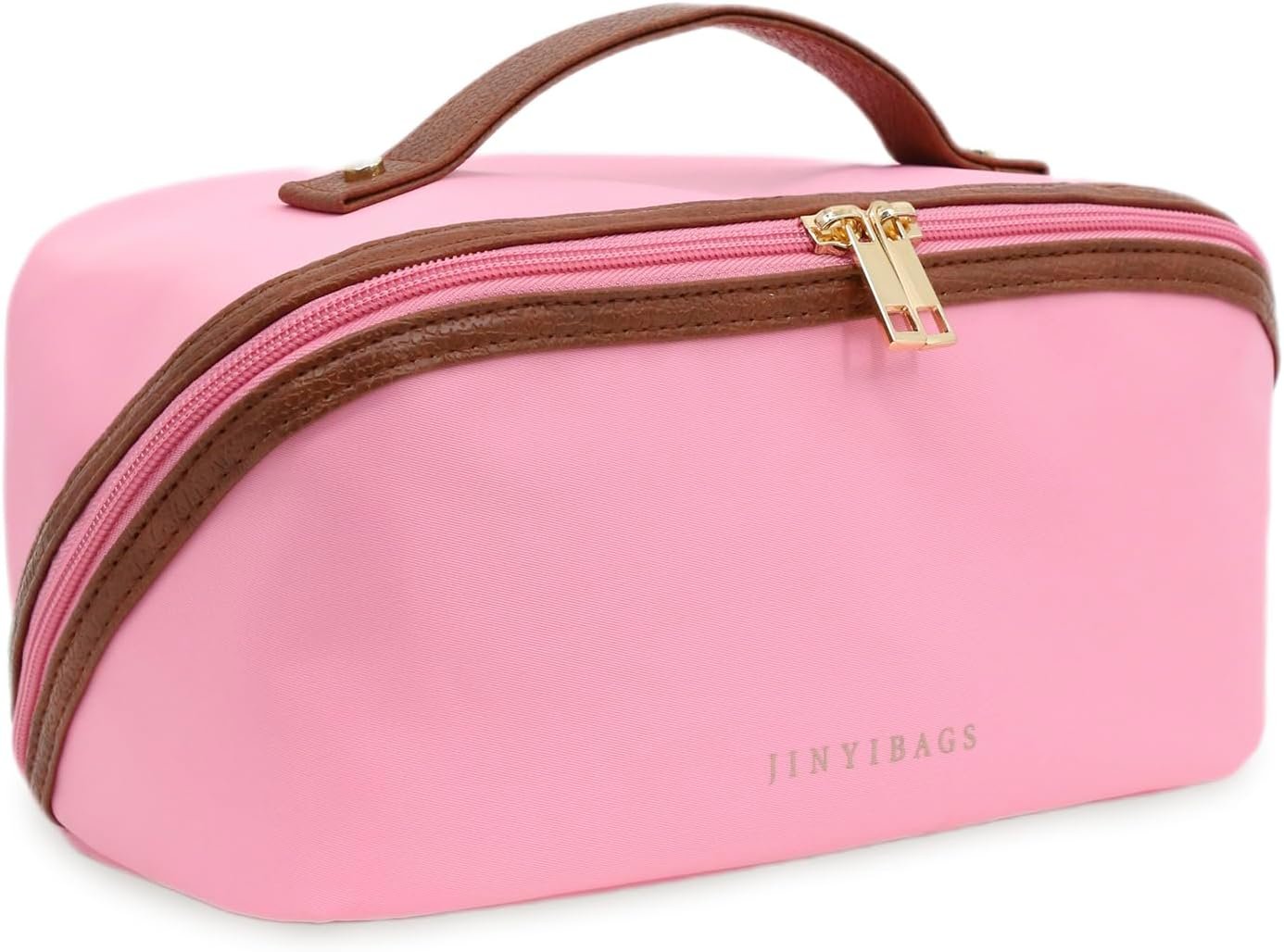 Private Label Large Travel Makeup Bag Cosmetic Organizer with Custom Logo Waterproof Nylon Smooth Double Zipper and Tear-Resistant Lining Toiletry Pouch for Women Pink Factory