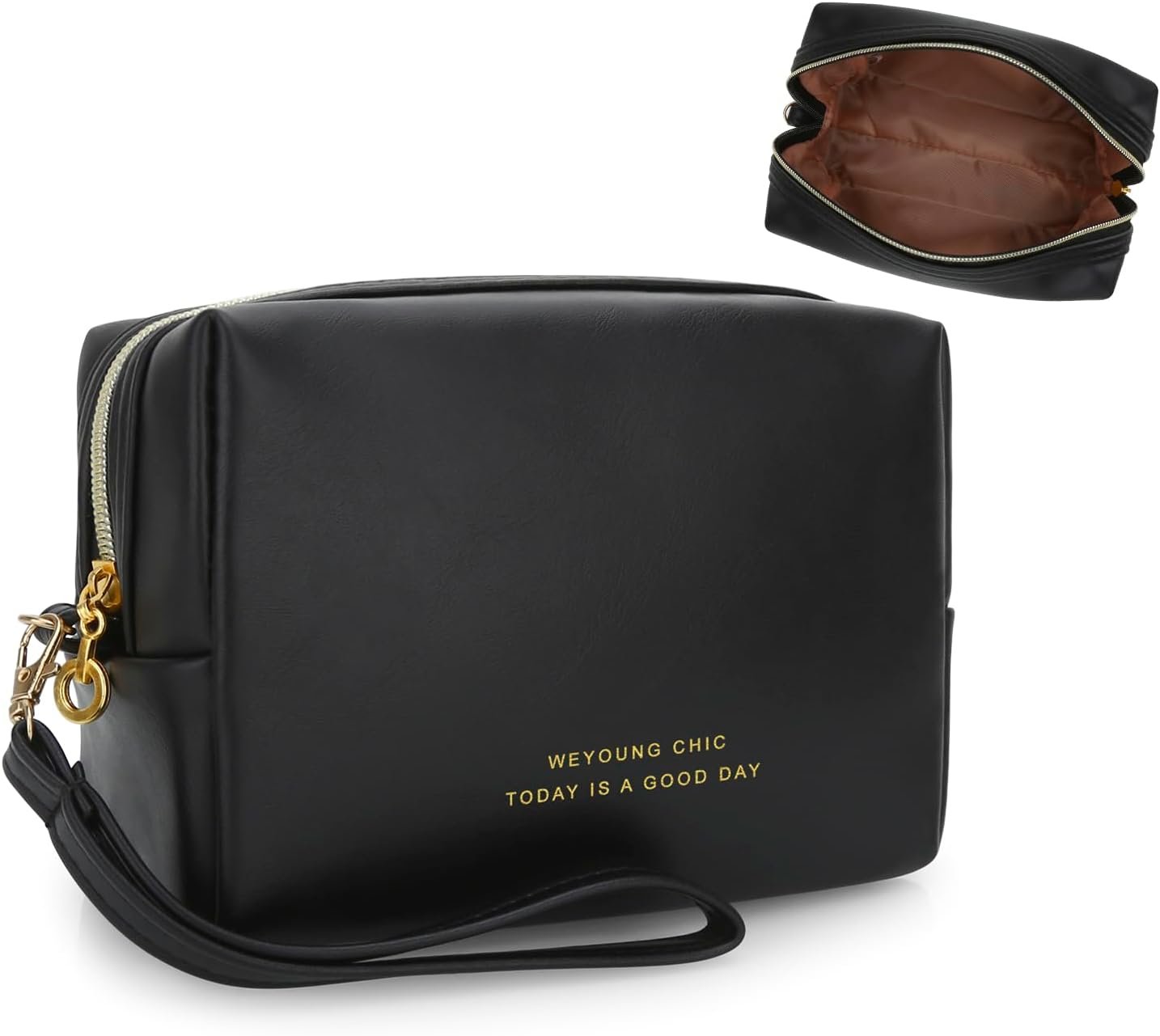 Manufacturer Small Makeup Bag Travel Cosmetic Toiletry Zipper Pouch Private Label Organizer with Handle Soft PU Leather Skincare Case Custom Logo for Women (Black)