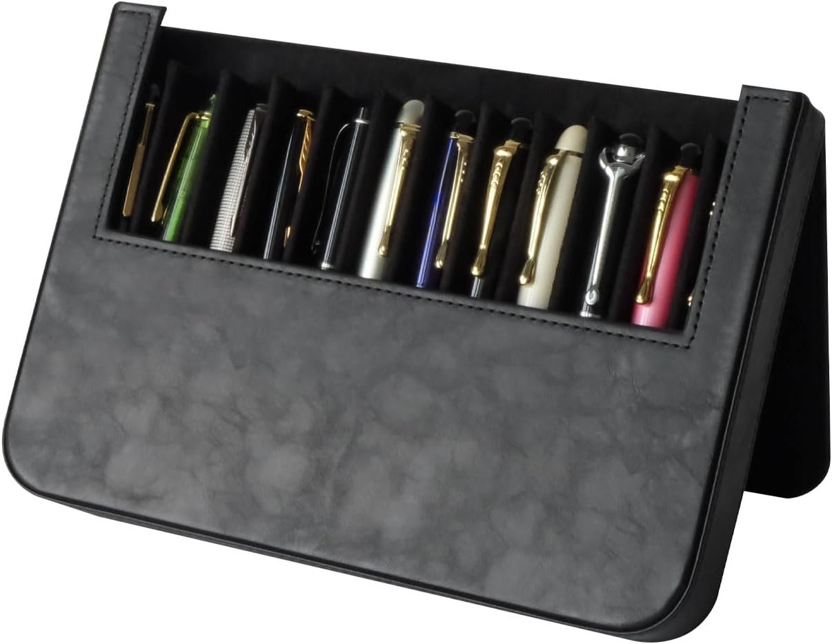 Private Label PU Leather 12 Fountain Pen/Pencil Tray Case Organizer Handmade Fashion Design Magnetic Closure with Drawer Custom Logo 12 Slots Black Manufacturer