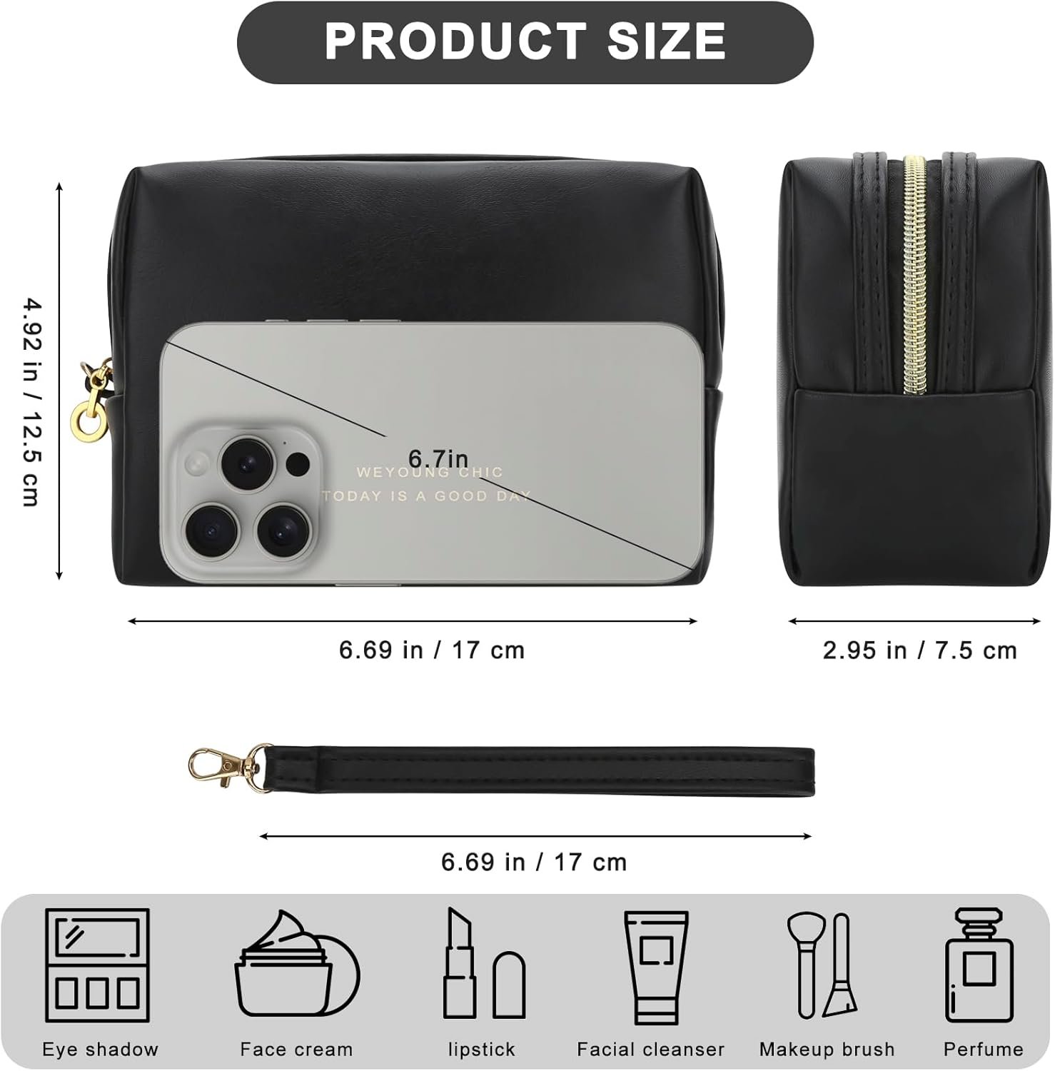 Manufacturer Small Makeup Bag Travel Cosmetic Toiletry Zipper Pouch Private Label Organizer with Handle Soft PU Leather Skincare Case Custom Logo for Women (Black)