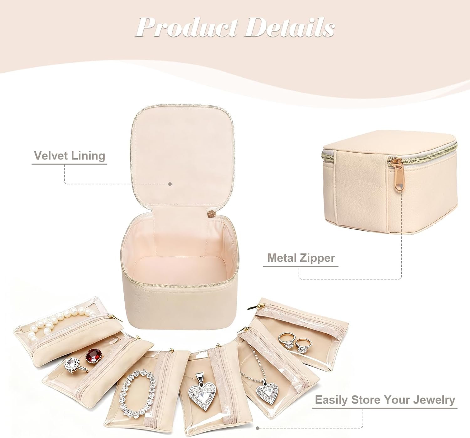 Manufacturer of Small Travel Jewelry Case Custom Logo Organizer Box with 6 Velvet Zipper Pockets Private Label Portable Storage Bag for Rings Earrings Necklaces Birthday Gifts for Women