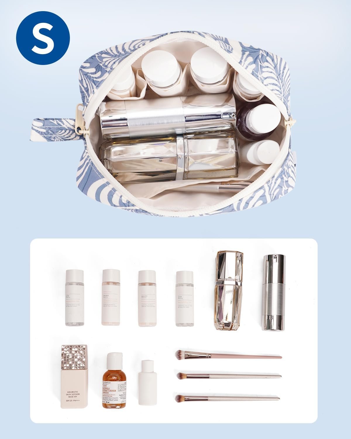 Private Label Mini Makeup Bag with Zipper, Custom Logo Organized Pockets Pouch for Women Manufacturer (Blue Leaf, Small)