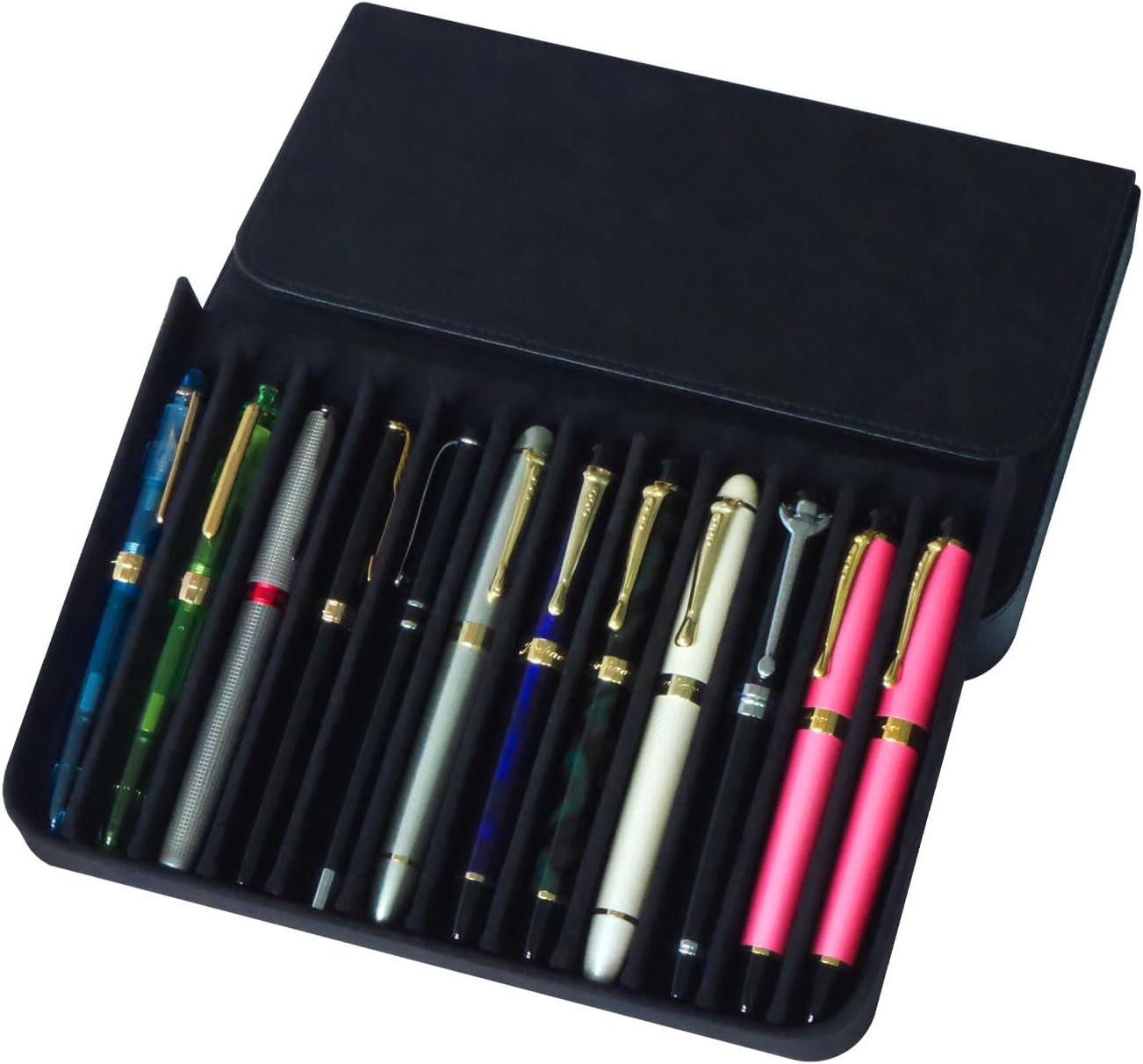 Private Label PU Leather 12 Fountain Pen/Pencil Tray Case Organizer Handmade Fashion Design Magnetic Closure with Drawer Custom Logo 12 Slots Black Manufacturer