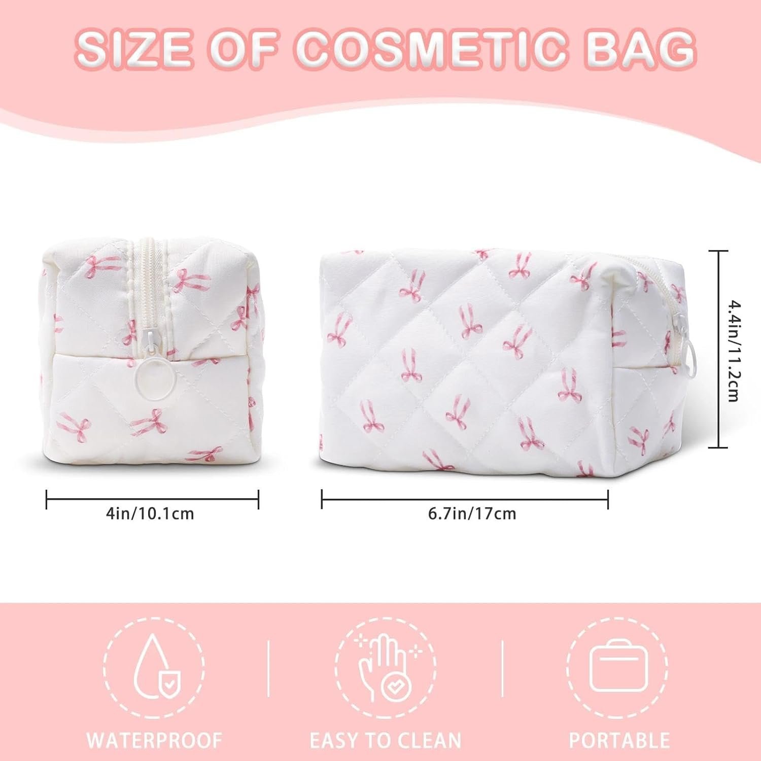 Custom Logo Quilted Makeup Bag, Private Label Pink Bow Cotton Cosmetic Bag, Factory Coquette Makeup Pouch for Women Girls Aesthetic Organizer Travel Toiletry Bags
