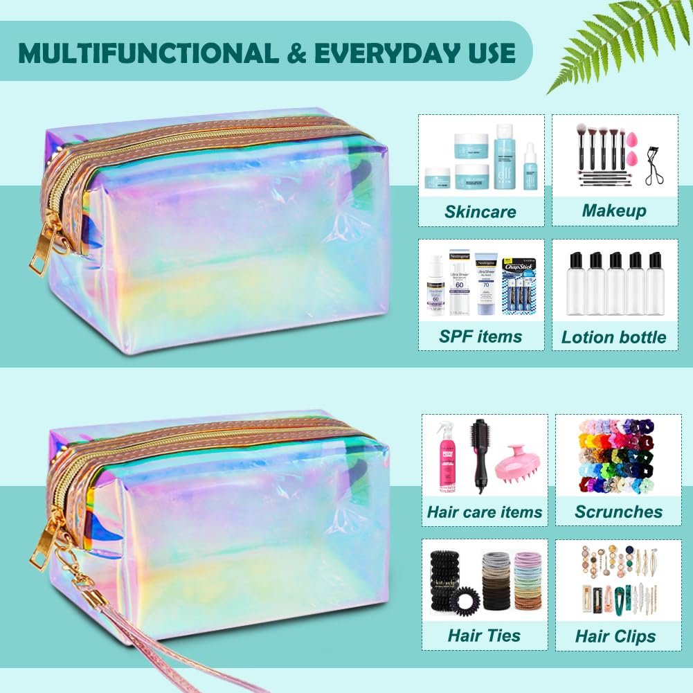 Private Label 2pcs Clear Iridescent Holographic Makeup Bag Custom Logo Travel Cosmetic Pouches Zipper Toiletry Organizer Case for Purse Diaper Beach Bag Manufacturer