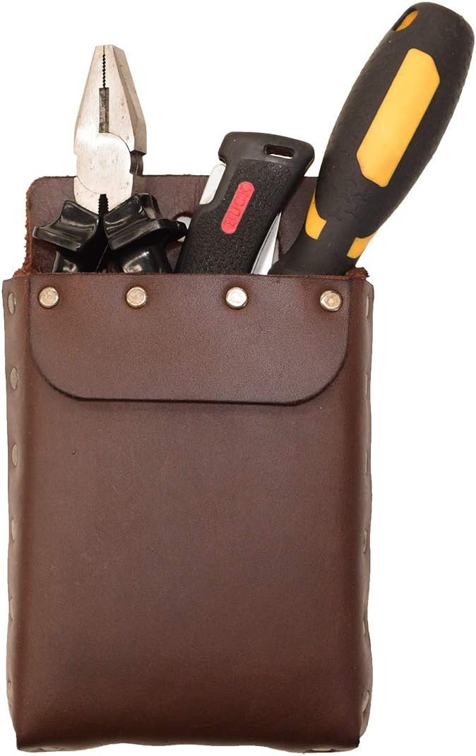 Private Label Riveted Squared Tool Pouch for Waist Belt Heavy Duty Full Grain Leather Case with Custom Logo Rustic Handmade Tool Organizer Bourbon Brown Manufacturer