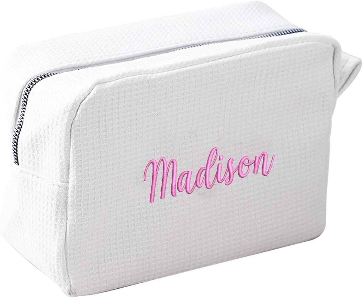 Private Label Embroidered Makeup Bag, Custom Logo Personalized Waffle Fabric Cosmetic Pouch for Women Travel, Manufacturer (6, White)
