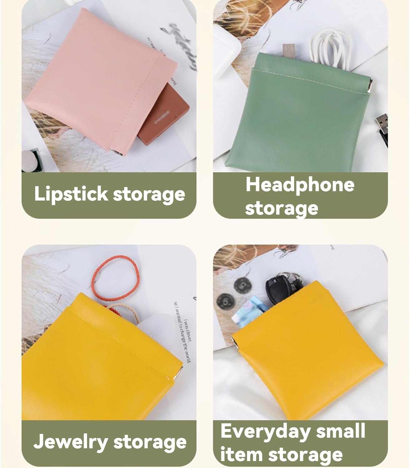 Private Label 4Pcs Pocket Cosmetic Bag Squeeze Coin Purse Pouch with Custom Logo Waterproof Leather Portable Mini Makeup Bag and Travel Toiletry Organizer Manufacturer (Beige)