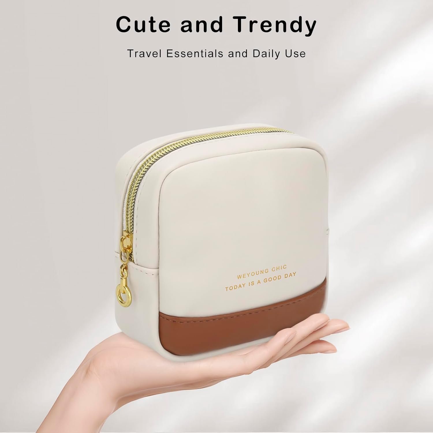 Custom Logo Small PU Leather Makeup Bag for Purse - Private Label Mini Travel Cosmetic Pouch Toiletry Organizer with Interior Pockets Zipper for Women Beige Manufacturer