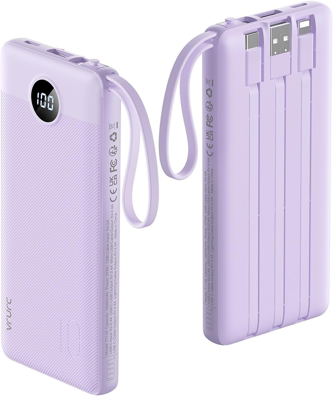 Custom Logo 10000mAh Portable Charger Power Bank Private Label Slim Travel Essentials Battery Pack 5 Outputs 2 Inputs Built-in Cables for iPhone 17/16/15/14/13 Samsung Android Lavender 1 Pack from Manufacturer