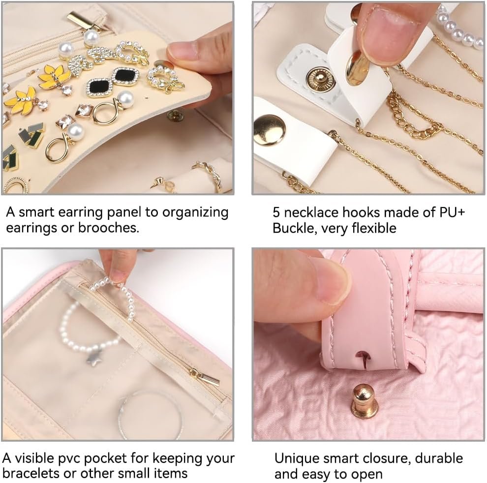 Private Label Travel Jewelry Organizer Case Manufacturer Large Foldable Storage Pouch Roll for Necklaces Rings Earrings Bracelets Custom Logo Light Pink