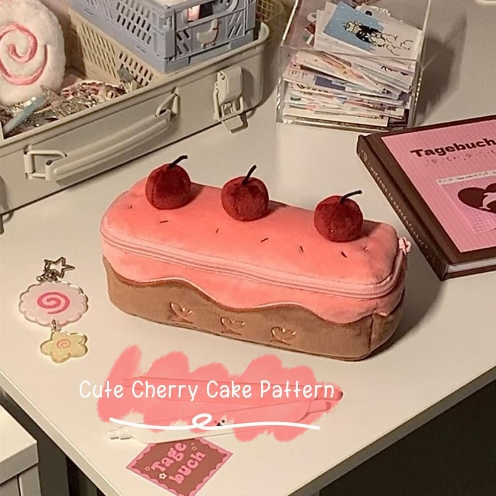 Custom Logo Cherry Cake Big Capacity Pencil Case Private Label Plush Pen Holder Pouch Cute Aesthetic Manufacturer