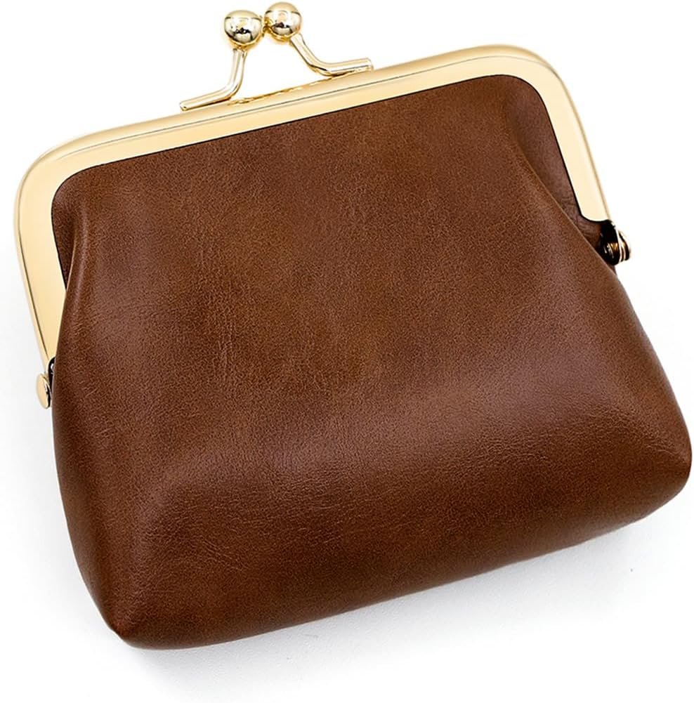 Private Label Women's Small Vintage PU Leather Coin Purse Rectangle Kiss Lock Change Pouch Custom Logo Pocket-Sized Mini Solid Brown Manufacturer