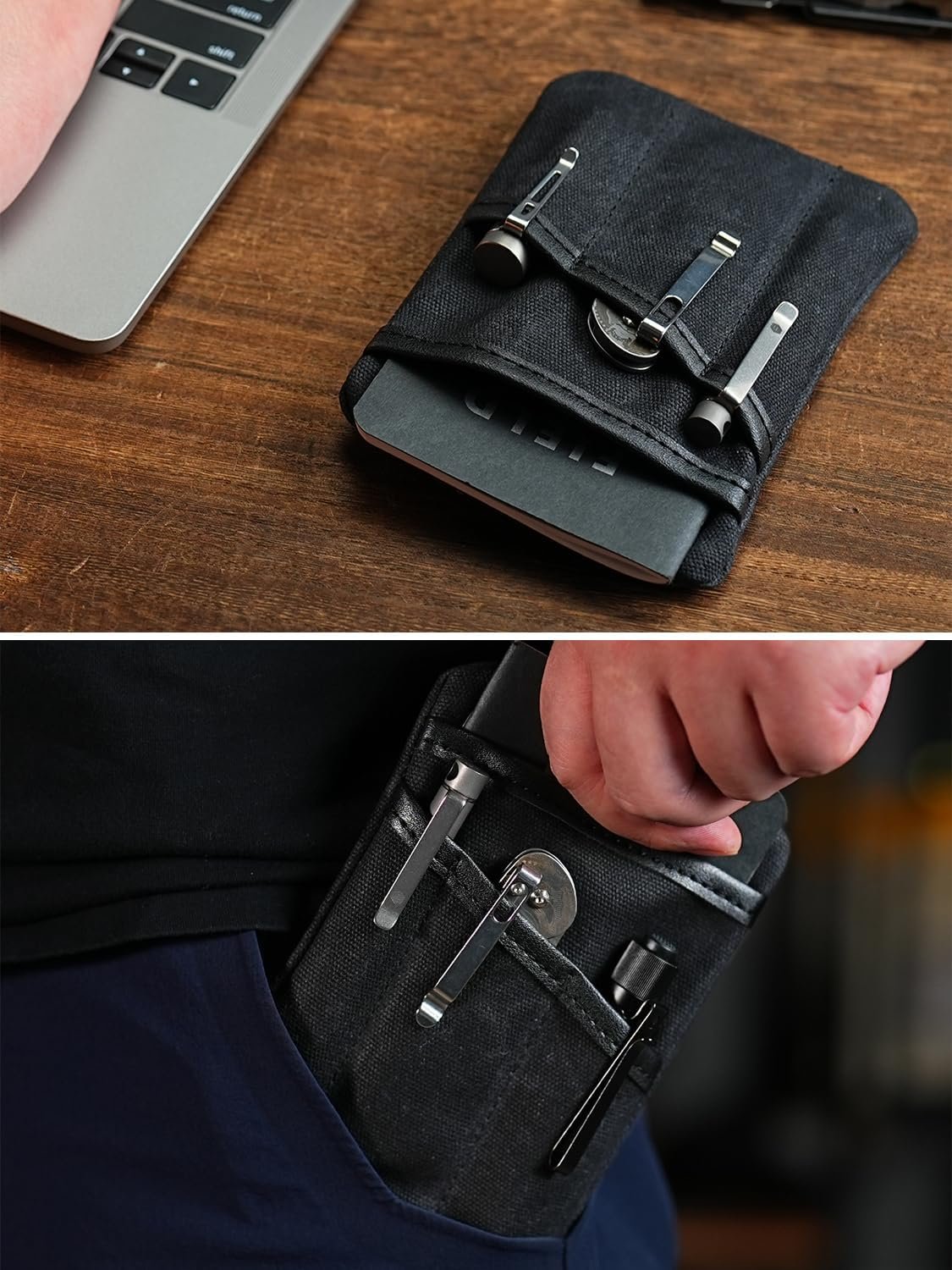 Private Label Waxed Canvas EDC Pouch Compact Pocket Organizer for Men, Custom Logo Zippered Mini Multitool Everyday Carry Pouch Oil Wax Black from Manufacturer