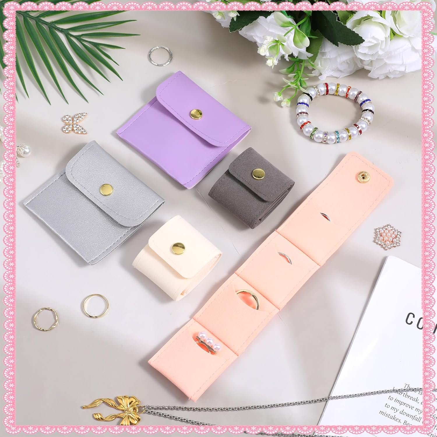 Custom Logo 5 PCS 2 Middle + 3 Small Foldable Mini Travel Jewelry Pouches Private Label Multifunctional Cases for Necklaces Earrings Rings Bracelets Manufacturer