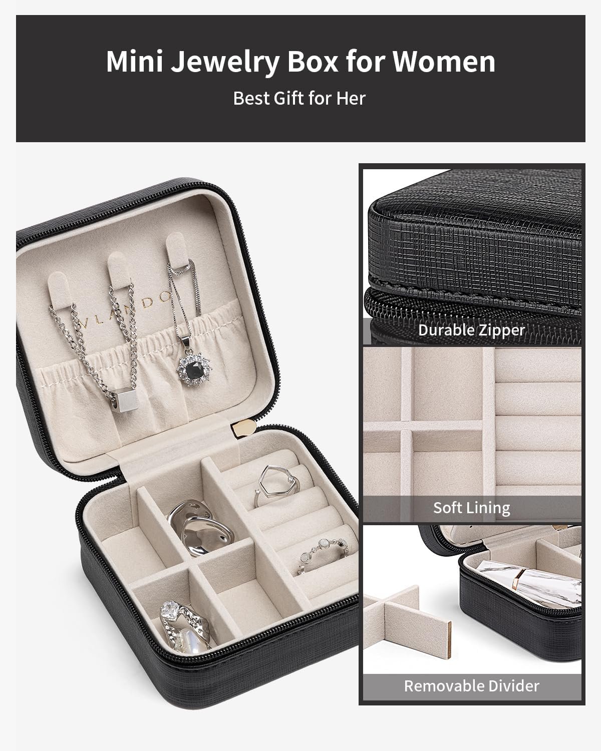 Private Label Small Travel Jewelry Case Custom Logo Organizer Box with Mirror for Women and Girls Black Manufacturer