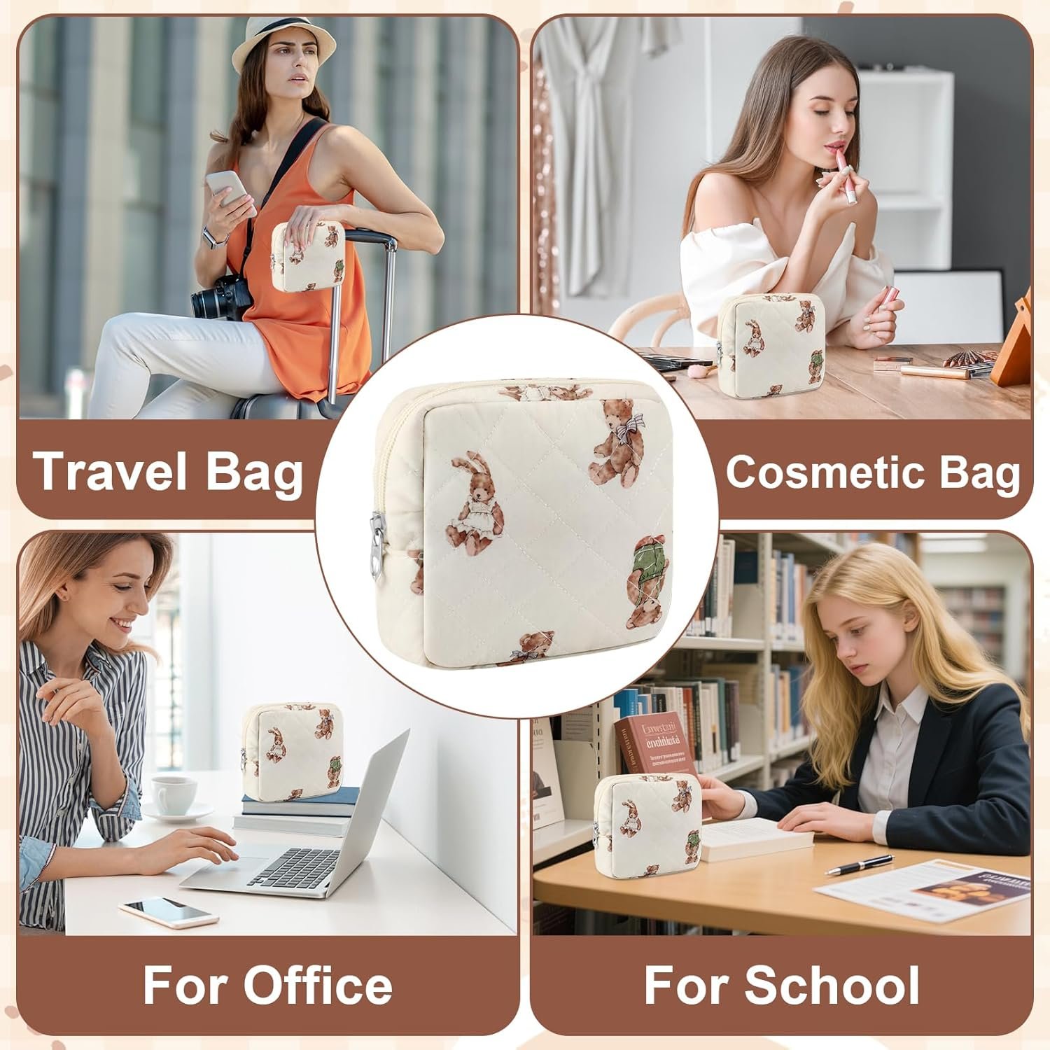 Custom Logo Small Quilted Cotton Makeup Bag Mini Cosmetic Period Pouch for Women Purse Cute Bear Sanitary Design Portable Travel Toiletry Bag with Zipper Private Label Manufacturer