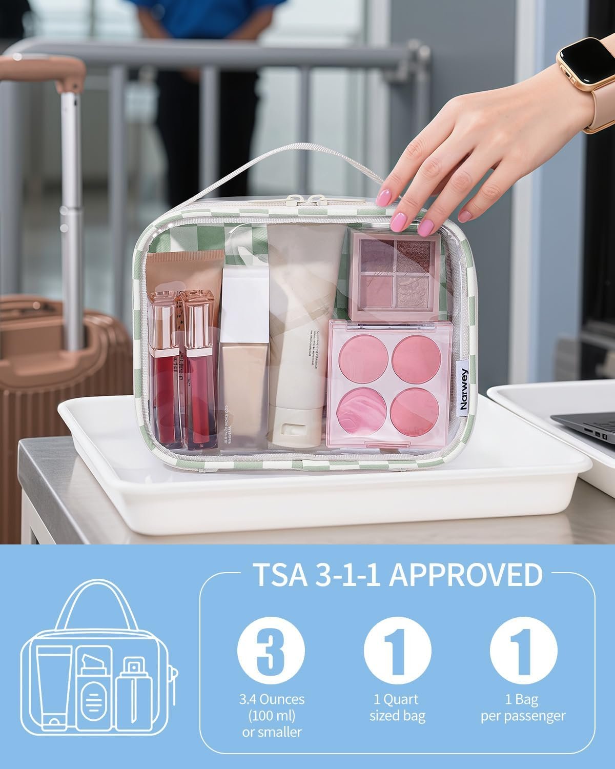 Private Label TSA Approved Clear Toiletry Bag for Travel, Custom Logo Waterproof PVC Compact Makeup Cosmetic Organizer, Quart Size Portable Airport Airline Compliant Bag from Manufacturer (Mint Green Checkerboard)
