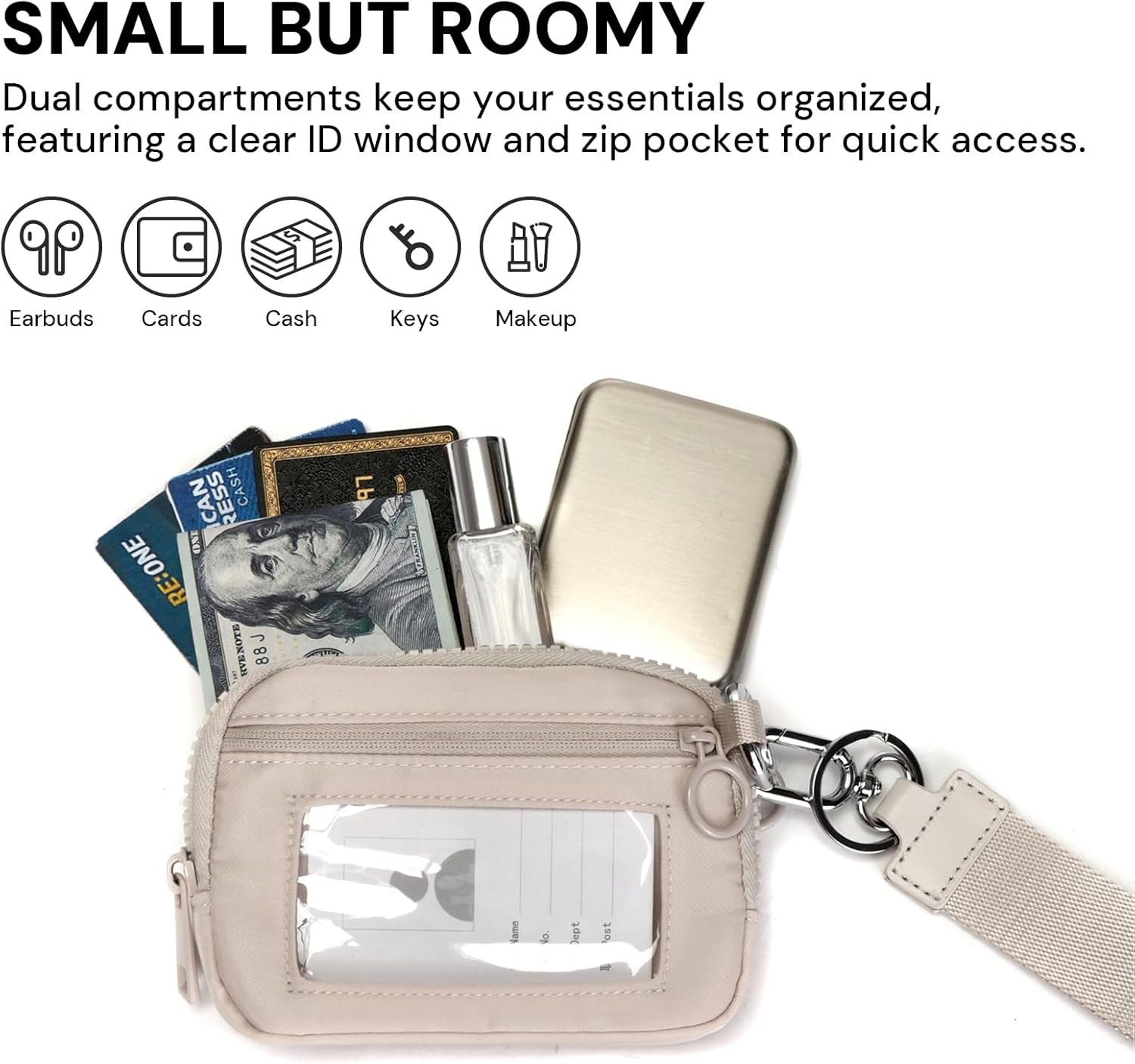 Custom Logo Beige Mini Zip Card Case for Women with Clear ID Window Coin Purse Private Label Lightweight Small Zipper Wallet Factory Portable Organizer