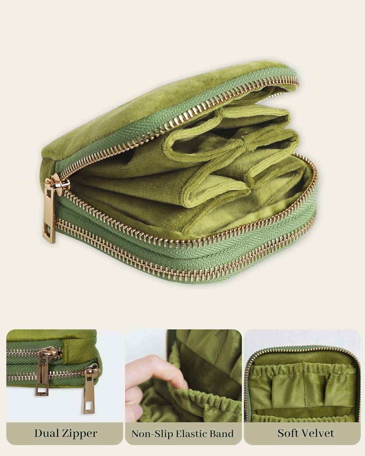 Private Label Compact Travel Jewelry Organizer Storage Case Manufacturer for Rings Earrings Necklace Bracelets Portable Velvet Pouch with Double Zippers Accessories Travel Essential Custom Logo Gift for Women Green