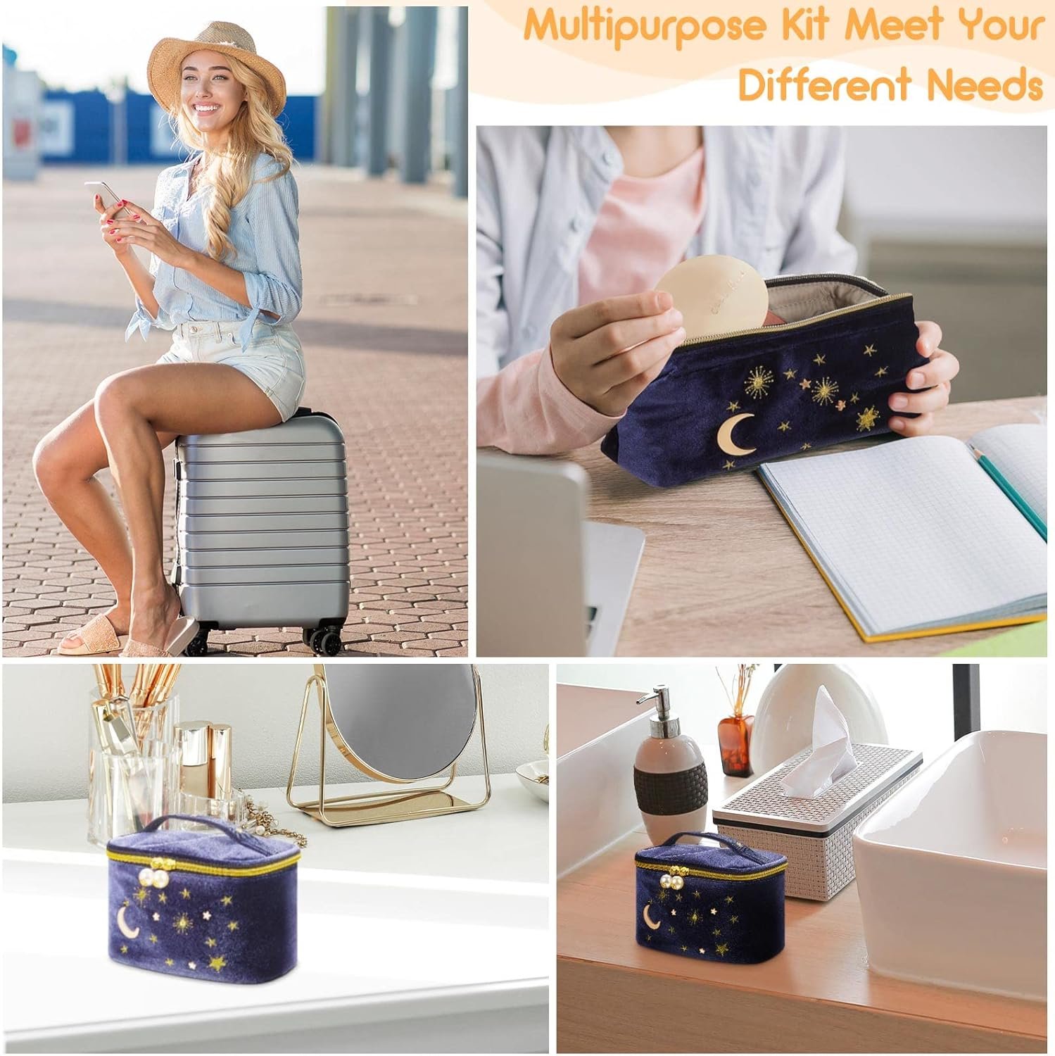 Private Label 2 Pcs Navy Blue Velvet Makeup Bags Moon Stars Goth Embroidered Cosmetic Pouches Custom Logo Portable Travel Starry Toiletry Wash Storage Clutch Manufacturer