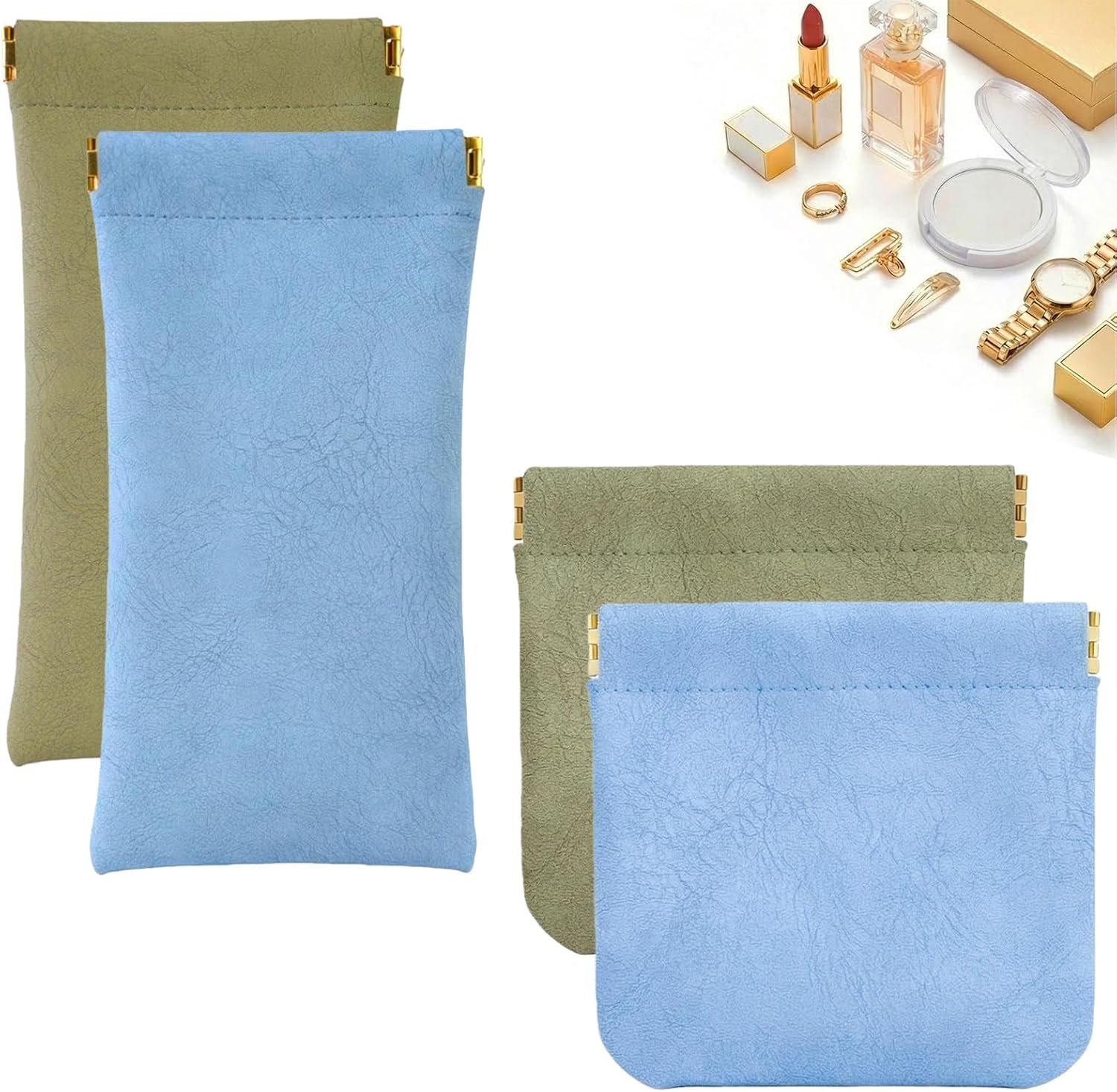 Private Label 4Pcs Small Makeup Bags for Purse Custom Logo Mini Leather Cosmetic Pouches for Women Portable No Zipper Lipstick Coin Organizer from Manufacturer (Blue Green)